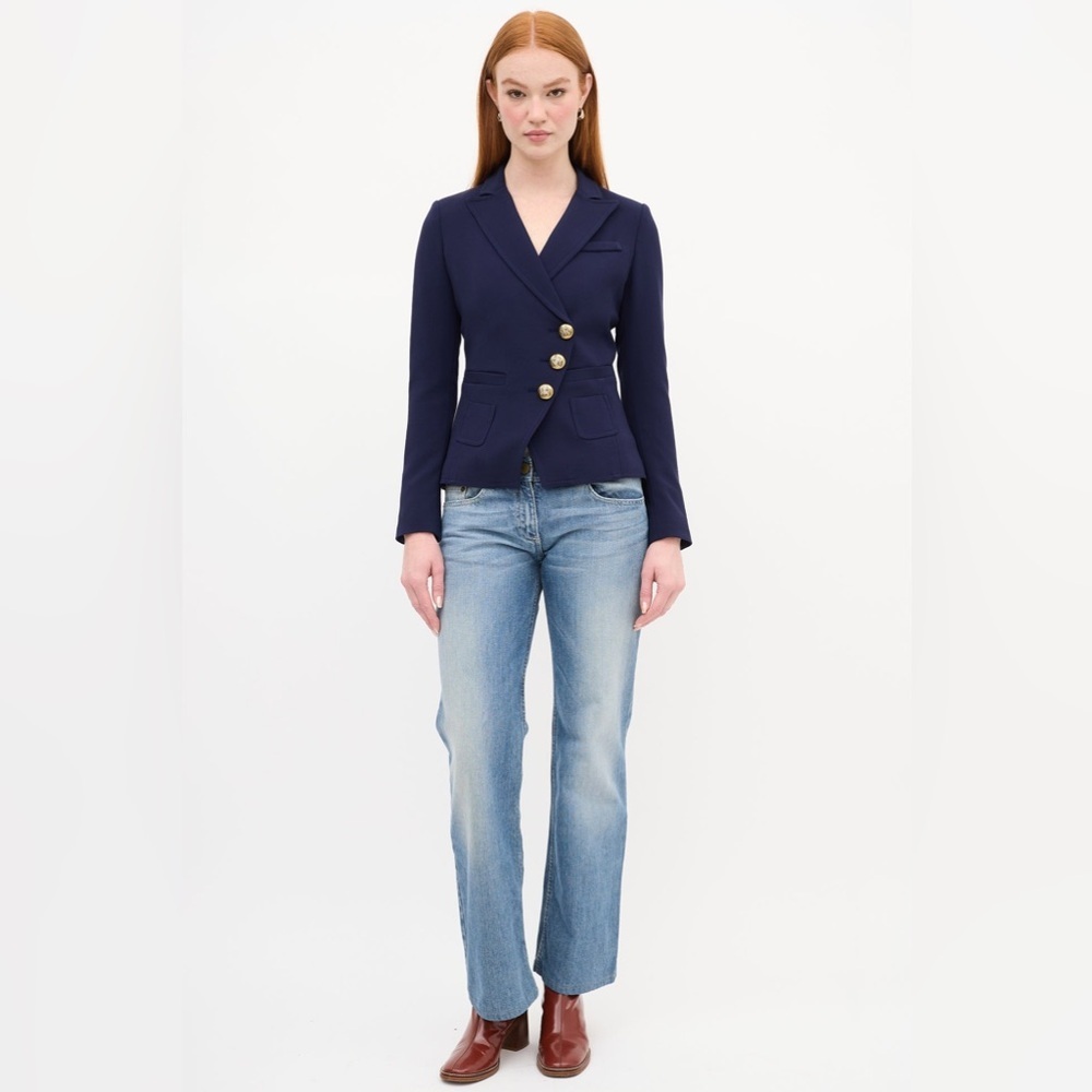Smythe Asymmetrical Wrap Blazer - Navy Blue + Gold Buttons - Size 4 - Picture 2 of 16